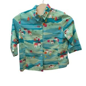 Peter Popovitch Womens XL Sailboat Coastal Novelty Print Blouse Blue 36463